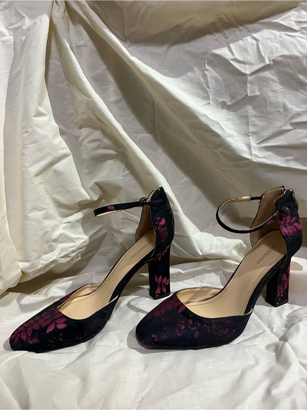 Liz Claiborne Black Heels with Pink Floral Accents